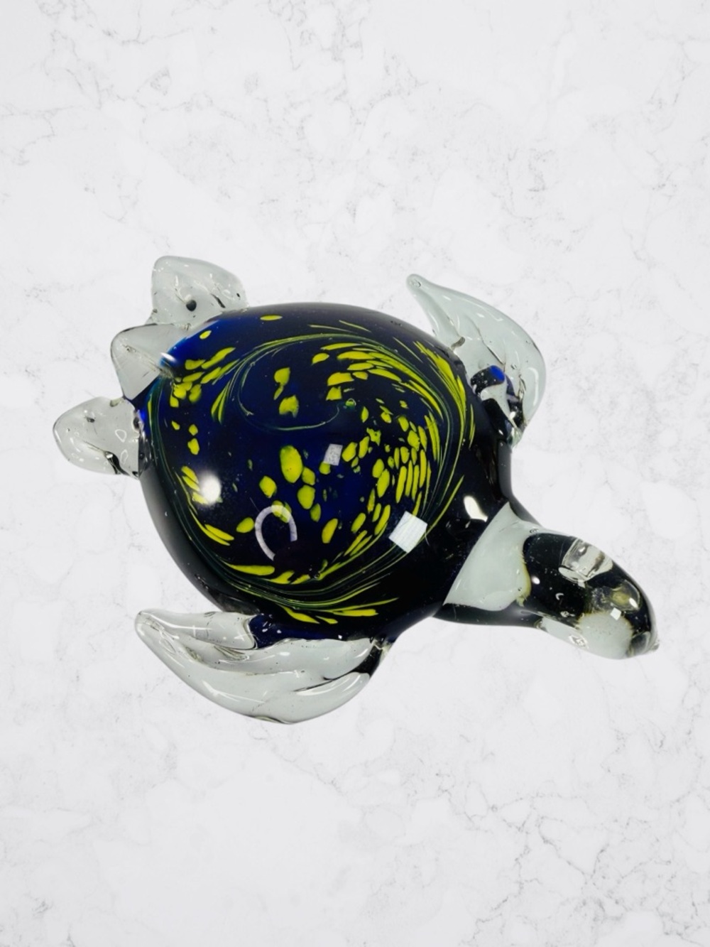 Blown Art Glass Sea Turtle Ocean Sea Cobalt Blue Yellow Clear Large Paperweight - Picture 5 of 8